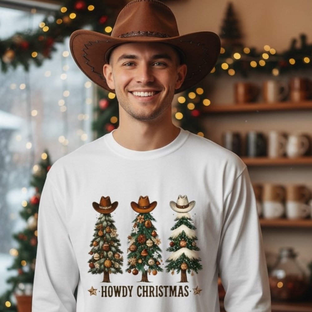 Howdy Christmas Western Tree T-shirt Rustic Design Unisex S M L XL XXL White